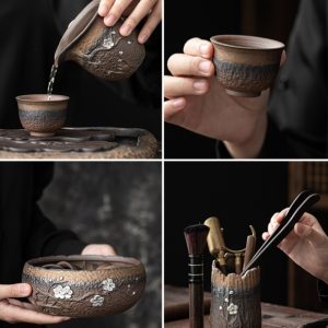 Lotus Lake Theme Handmade Traditional Japanese Iron Pottery Tea Service Set