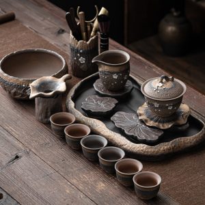 Lotus Lake Theme Handmade Traditional Japanese Iron Pottery Tea Service Set