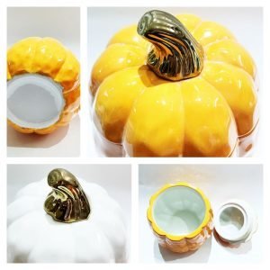 Orange And White Large Ceramic Halloween Pumpkin Candy Jar Gift Cute With Lid