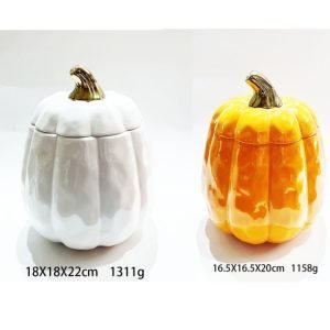 Orange And White Large Ceramic Halloween Pumpkin Candy Jar Gift Cute With Lid