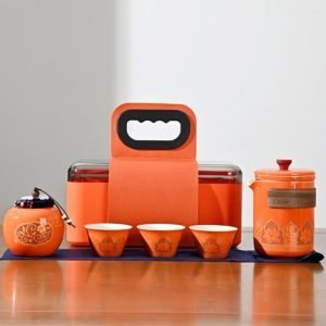 Orange Peanut Shaped Ceramic Portable Tea Set Travel Case For One
