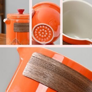 Orange Peanut Shaped Ceramic Portable Tea Set Travel Case For One