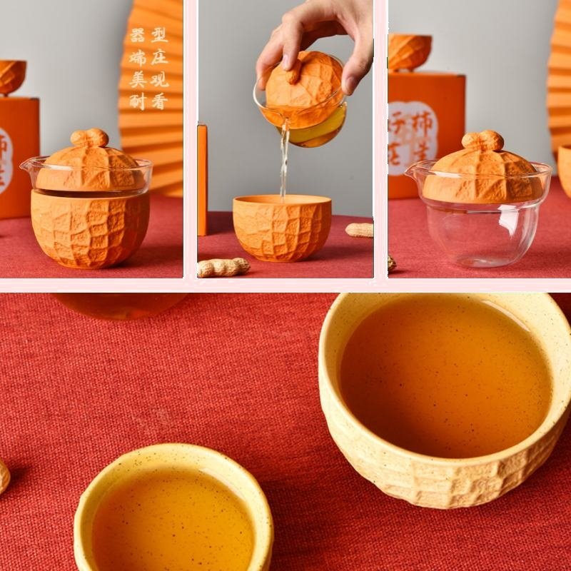 Orange Peanut Shaped Ceramic Portable Tea Set Travel Case For One Orange Peanut Shaped Ceramic Portable Tea Set Travel Case For One