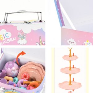Rainbow Magic Unicorn Kids Afternoon Tinplate Metal Tea Set For Little Girls With Portable Gift Box