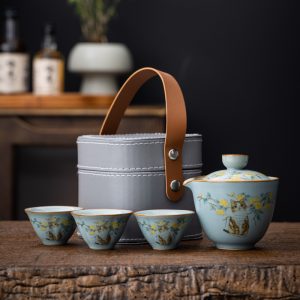 Ru Kiln Porcelain Flower And Cute Cat Tea Set Portable Travel Case Kit