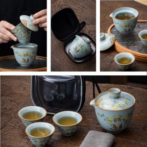 Ru Kiln Porcelain Flower And Cute Cat Tea Set Portable Travel Case Kit