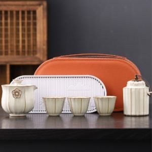 Ru Kiln Porcelain Travelling Tea Pot Set With Tray Portable Case