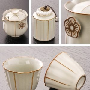 Ru Kiln Porcelain Travelling Tea Pot Set With Tray Portable Case