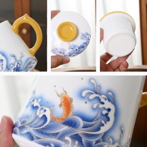 Sea Wave And Fish Theme White Porcelain Portable Travel Tea And Coffee Set