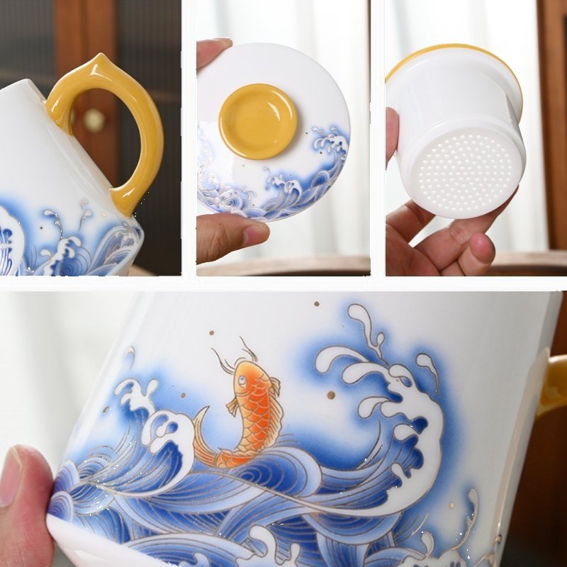Sea Wave And Fish Theme White Porcelain Portable Travel Tea And Coffee Set Sea Wave And Fish Theme White Porcelain Portable Travel Tea And Coffee Set