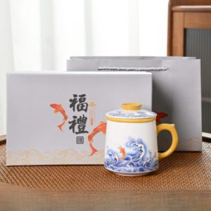 Sea Wave And Fish Theme White Porcelain Portable Travel Tea And Coffee Set