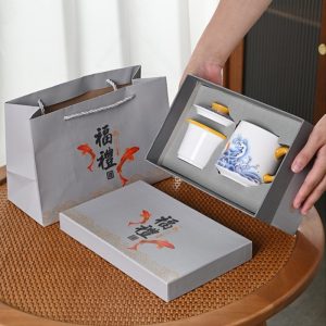 Sea Wave And Fish Theme White Porcelain Portable Travel Tea And Coffee Set