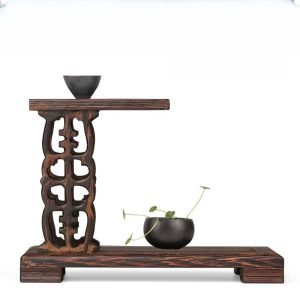 Rectangular Carving Wood Tea Cup And Towel Holder Display Stand Shelf