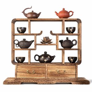 Rectangular Carbonizing Color Wooden Tea Cup And Teapot Set Display Stand Shelf