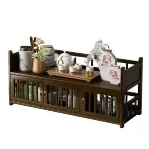 Two Floors Three Doors Creative Antique Wooden Tea Cup Holder Stand Shelf Box