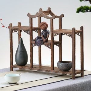 Antique Chinese Pinnacle Wood Tea Cup Set Display Stand Shelf