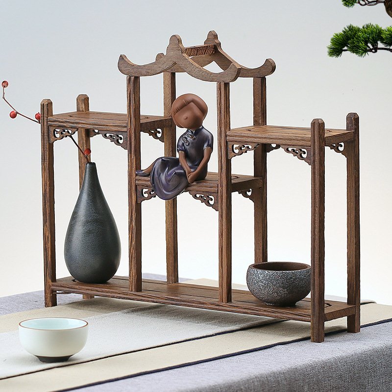 Antique Chinese Pinnacle Wood Tea Cup Set Display Stand Shelf Antique Chinese Pinnacle Wood Tea Cup Set Display Stand Shelf