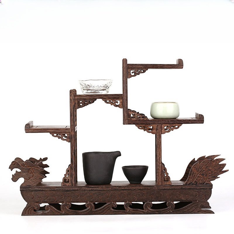 Dragon Theme Ship Shape Wood Tea Cup Display Stand And Tea Set Display Shelf Dragon Theme Ship Shape Wood Tea Cup Display Stand And Tea Set Display Shelf