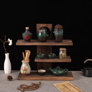 Traditional Chinese Triply Wood Standing Display Shelf For Tea Cup And Mug