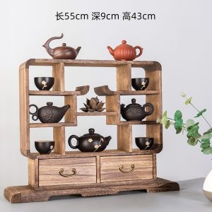 Rectangular Carbonizing Color Wooden Tea Cup And Teapot Set Display Stand Shelf