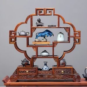 Traditional Chinese Redwood Solid Wood Tea Cup And Saucer Display Stand Shelf
