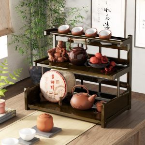 Brown Bamboo Standing Display Shelf For Tea Cup And Mug Set