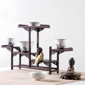 Antique Redwood Wood Tea Set Display Stand Shelf