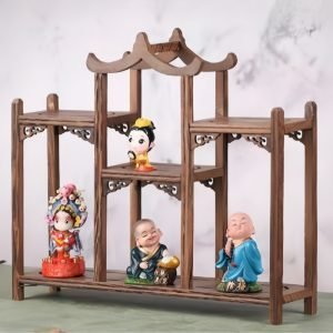Antique Chinese Pinnacle Wood Tea Cup Set Display Stand Shelf
