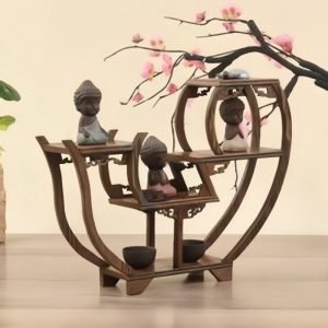 Classical Chinese Round Wooden Tea Set Display Stand And Tea Cup Shelf