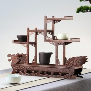 Dragon Theme Ship Shape Wood Tea Cup Display Stand And Tea Set Display Shelf