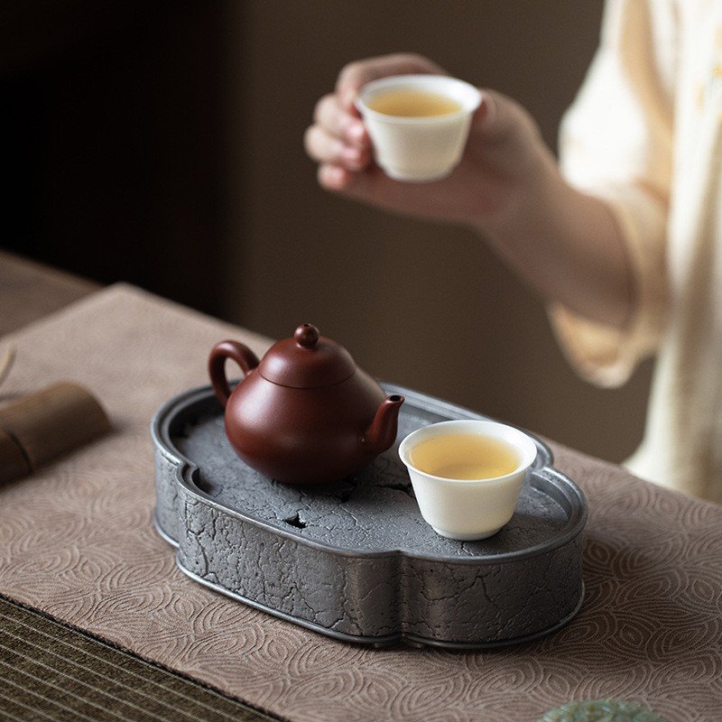 Handmade Vintage Lotus Pattern Chinese Tin Tea Boat Handmade Vintage Lotus Pattern Chinese Tin Tea Boat