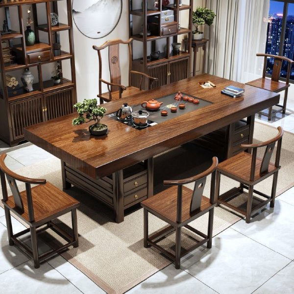 Antique Chinese Zen Wood Tea Ceremony Table Furniture With Water Drains And Chairs