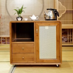 Modern Chinese Ratten Movable Tea Table With Stone Drains And Boxes