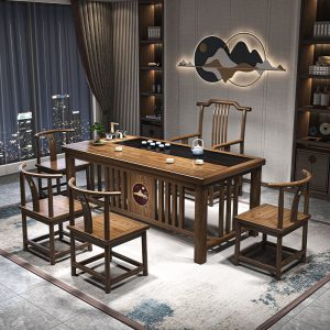 Chinese Solid Wood Tea Table With Black Gold Stone Panel Tabletop