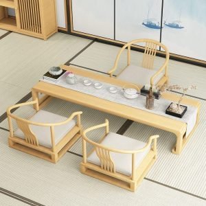 Japanese Style Solid Wood Tatami Floor Tea Table Set With Chairs