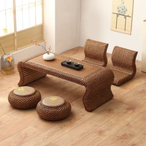 Japanese Antique Style Rattan Low Tea Ceremony Table Furniture