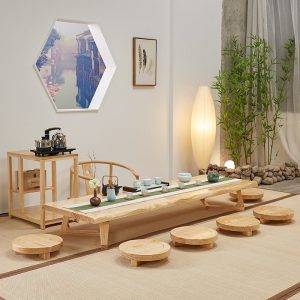 Modern Japanese Style Solid Wood Floor Round Tea Table Furniture With Chairs