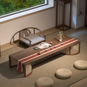 Walnut Wood Japanese Low Floor Folder Tea Table Furniture With Chairs