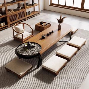 Traditional Japanese Wooden Tea Ceremony Table Set With Chairs