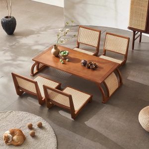 Japanese Solid Wood Rattan Woven Vintage Floor Tea Table Set