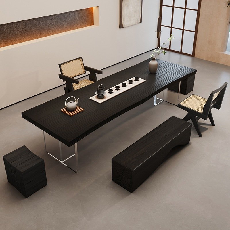 Modern Chinese Wabi Sabi Carbonized Black Solid Wood Tea Ceremony Table With Stools Modern Chinese Wabi Sabi Carbonized Black Solid Wood Tea Ceremony Table With Stools