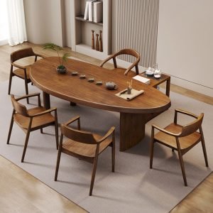 Carved Chinese Solid Wood Arc Kung Fu Tea Ceremony Table With Chairs