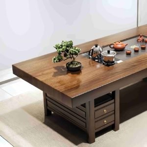 Antique Chinese Zen Wood Tea Ceremony Table Furniture With Water Drains And Chairs