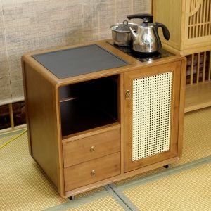 Modern Chinese Ratten Movable Tea Table With Stone Drains And Boxes