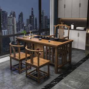 Chinese Solid Wood Tea Table With Black Gold Stone Panel Tabletop