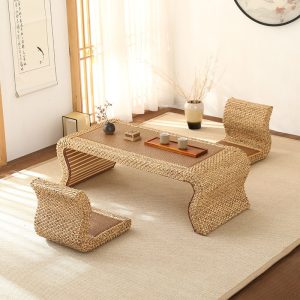 Japanese Antique Style Rattan Low Tea Ceremony Table Furniture