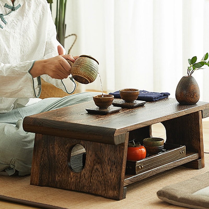 Antique Traditional Japanese Solid Wood Small Tea Table Furniture With Chairs Antique Traditional Japanese Solid Wood Small Tea Table Furniture With Chairs
