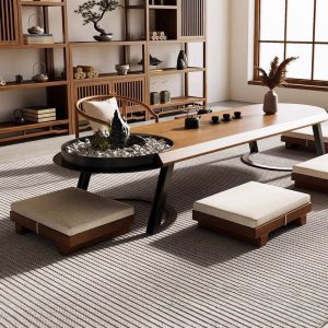 Traditional Japanese Wooden Tea Ceremony Table Set With Chairs