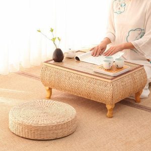 Small Traditional Japanese Style Rattan Woven Tea Table Furniture With Chairs