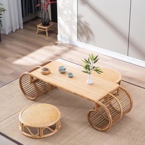 Creative Modern Rattan Japanese Round Floor Tea Table Furniture With Chairs